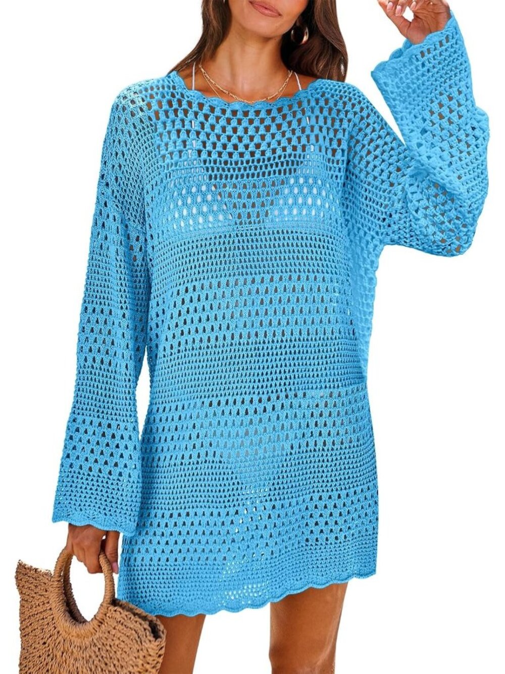〽️Women's Swimsuit Cover Up Blue Summer Pull On Mesh Knit Crochet Dress Crochet